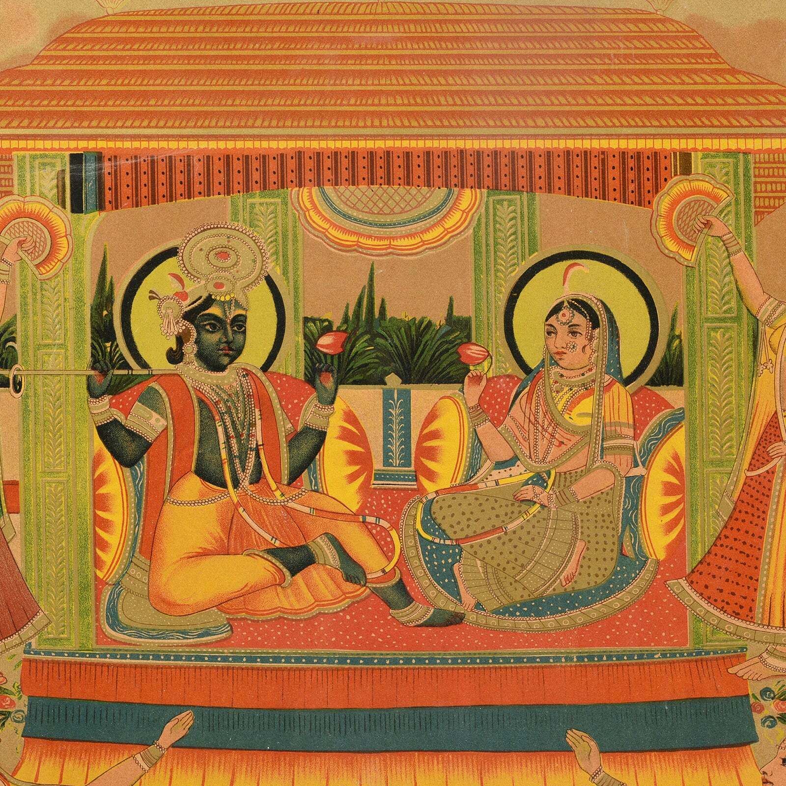 Antique Indian Framed Krishna & Radha Indian Chromolithograph, Ca 1910 photo Art