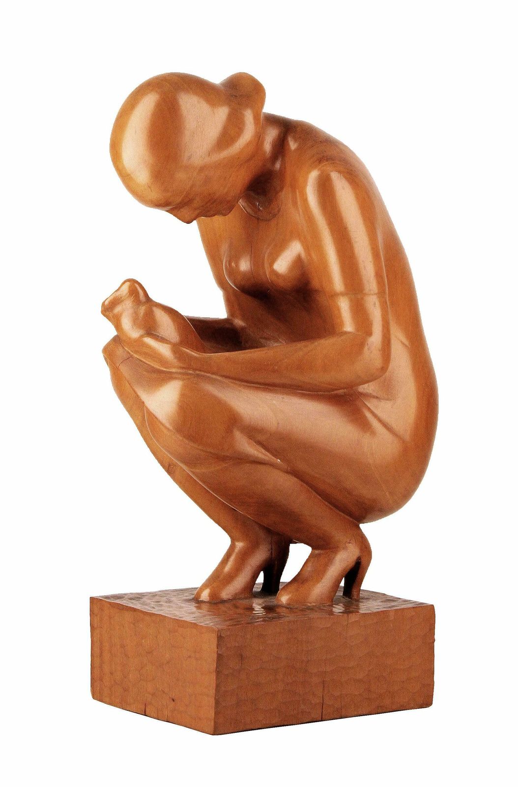 Mid 20th Century Varnished Wood Sculpture Of Crouched Lady By Spanish Author Godofredo Paino photo for sale