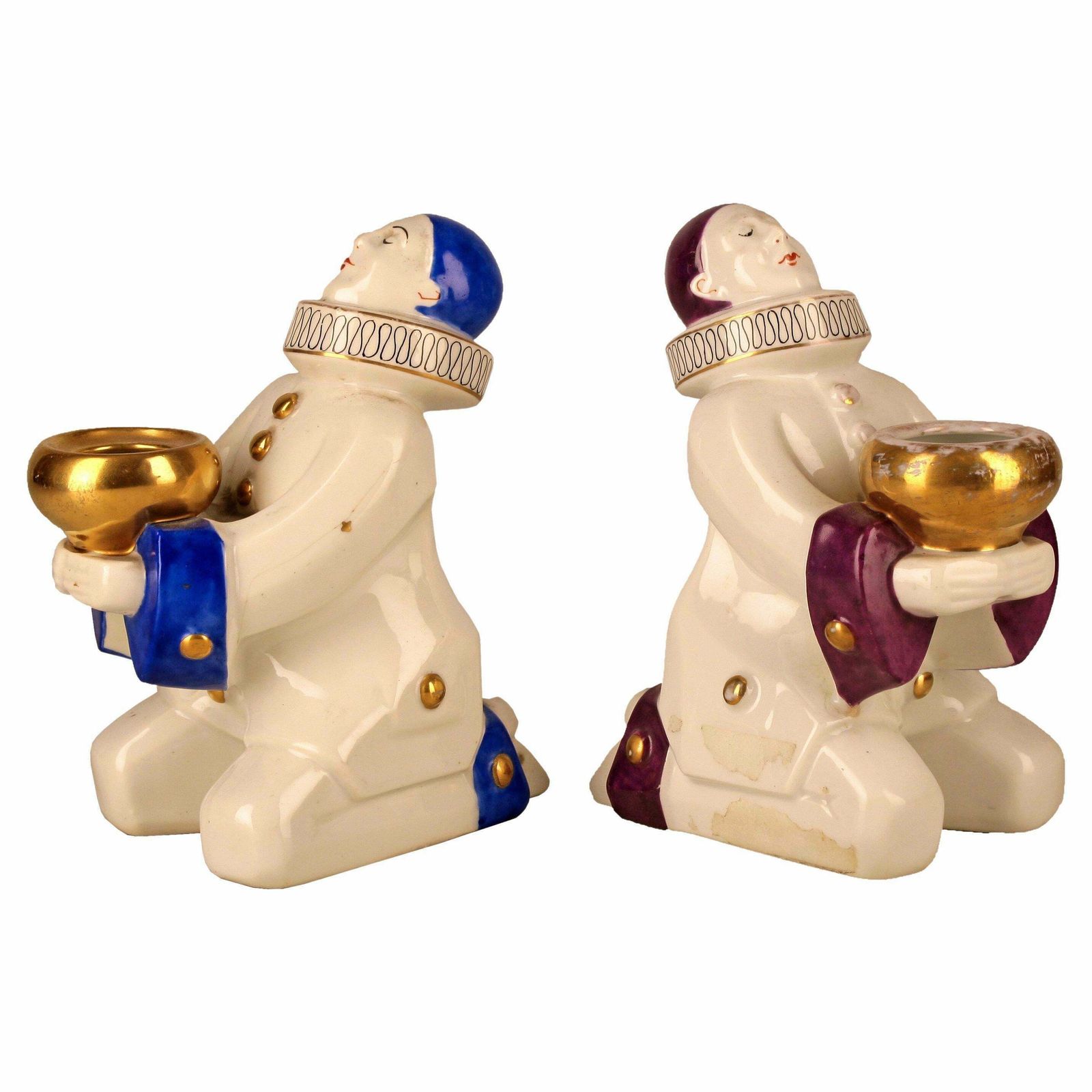 Pair Of French Art Déco Hand Painted And Glazed Ceramic Pierrot Sculptures/Perfume Lamps Designed By Aladin For Robj