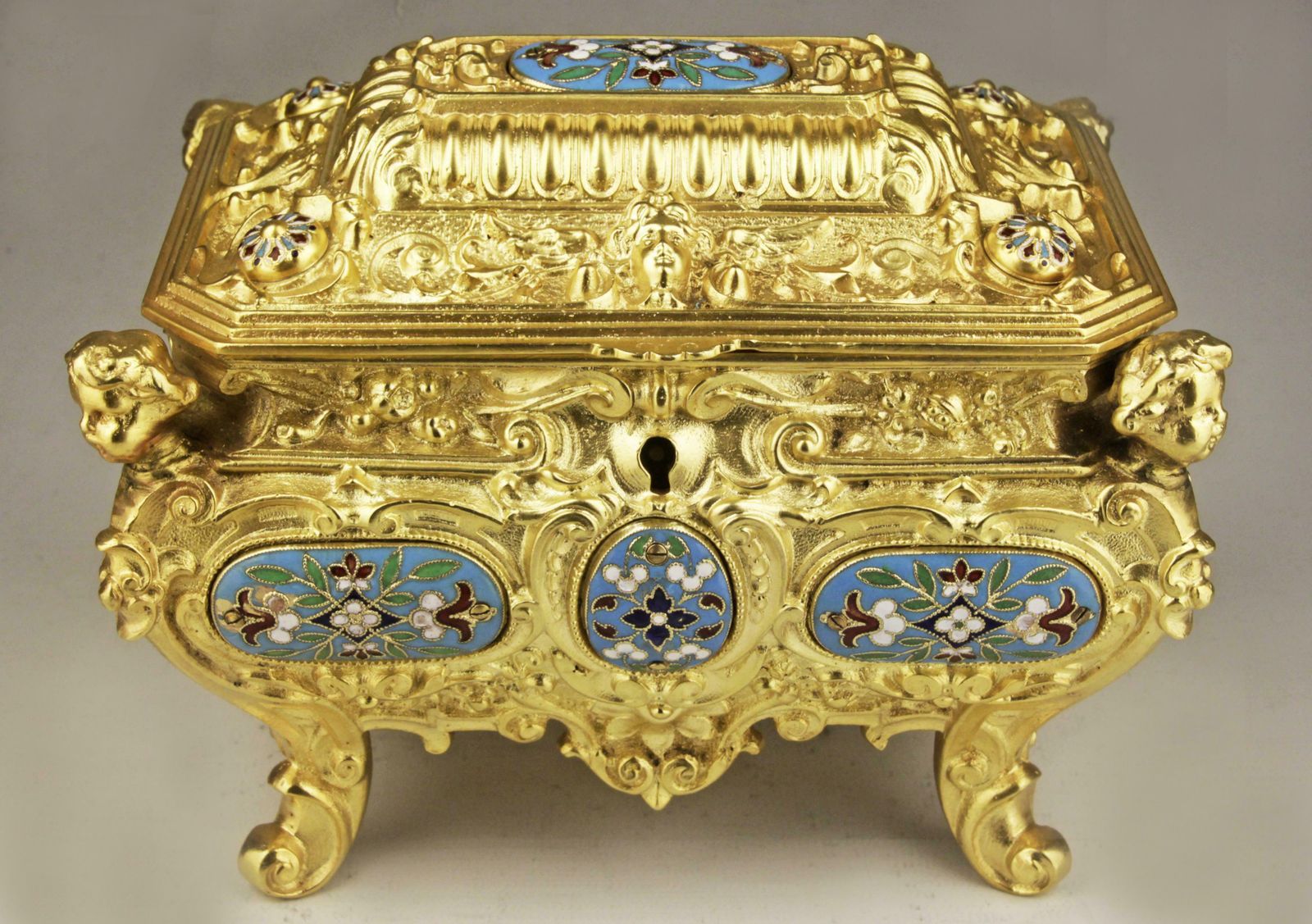 19th Century French Empire Cloisonne Bronze Jewelry Casket With Blue Velvet Interior photo furniture