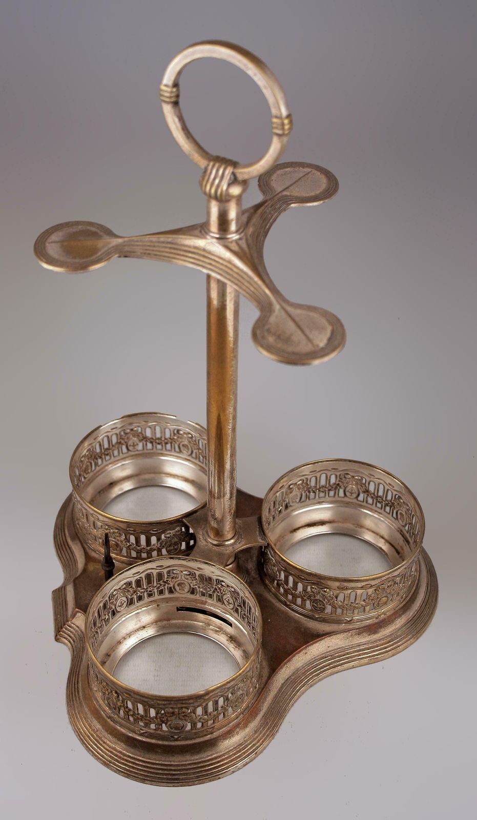 Home Decor Jugendstil/Art Nouveau Set Of Silver Tantalus And Three Glass Decanters With Stoppers By German Company Württembergische Metallwarenfabrik (Wmf) photo