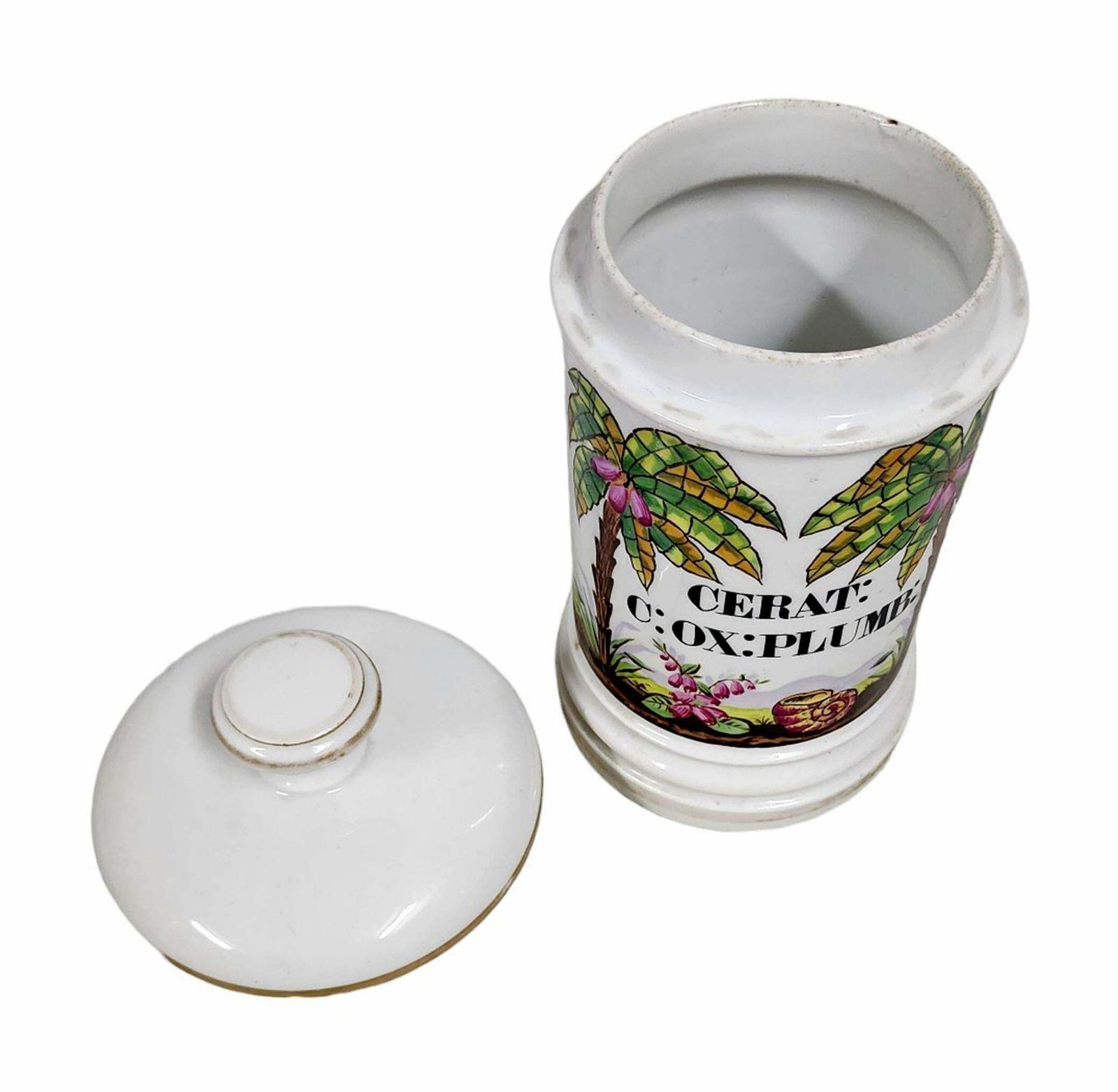 Mid 19th Century French Glazed Porcelain Apothecary/Pharmaceutical Jar With Lid  'Cerat: C: Ox: Plumb:' photo for sale