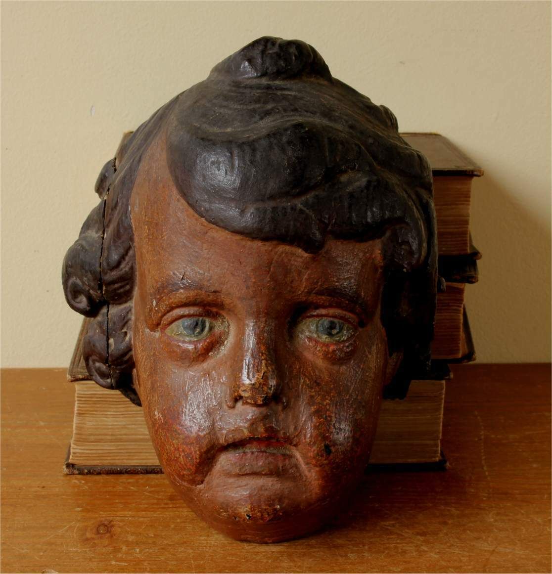Art Carved Wood Polychrome Cherub Head. 18th Century French Putti Statue. photo