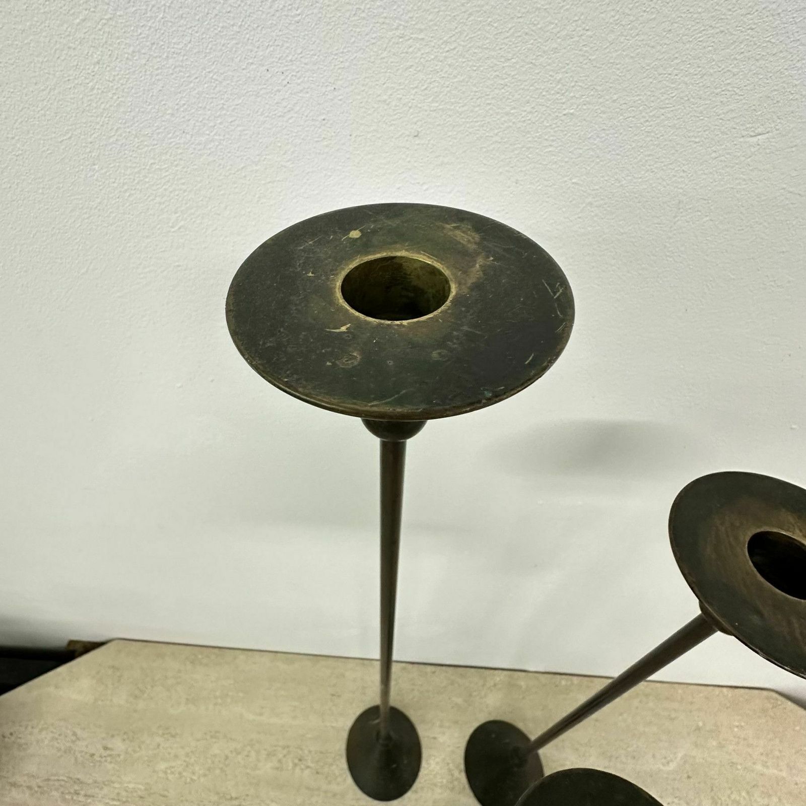 Set Of 3 Bronze Memphis Style Candle Holders , 1980s photo vintage