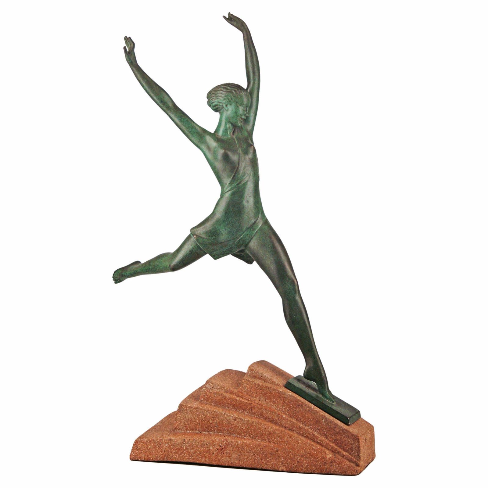 'Olimpia': Art Déco French Spelter Sculpture With Stone Base By Pierre Le Faguays (Fayral) For Max Le Verrier