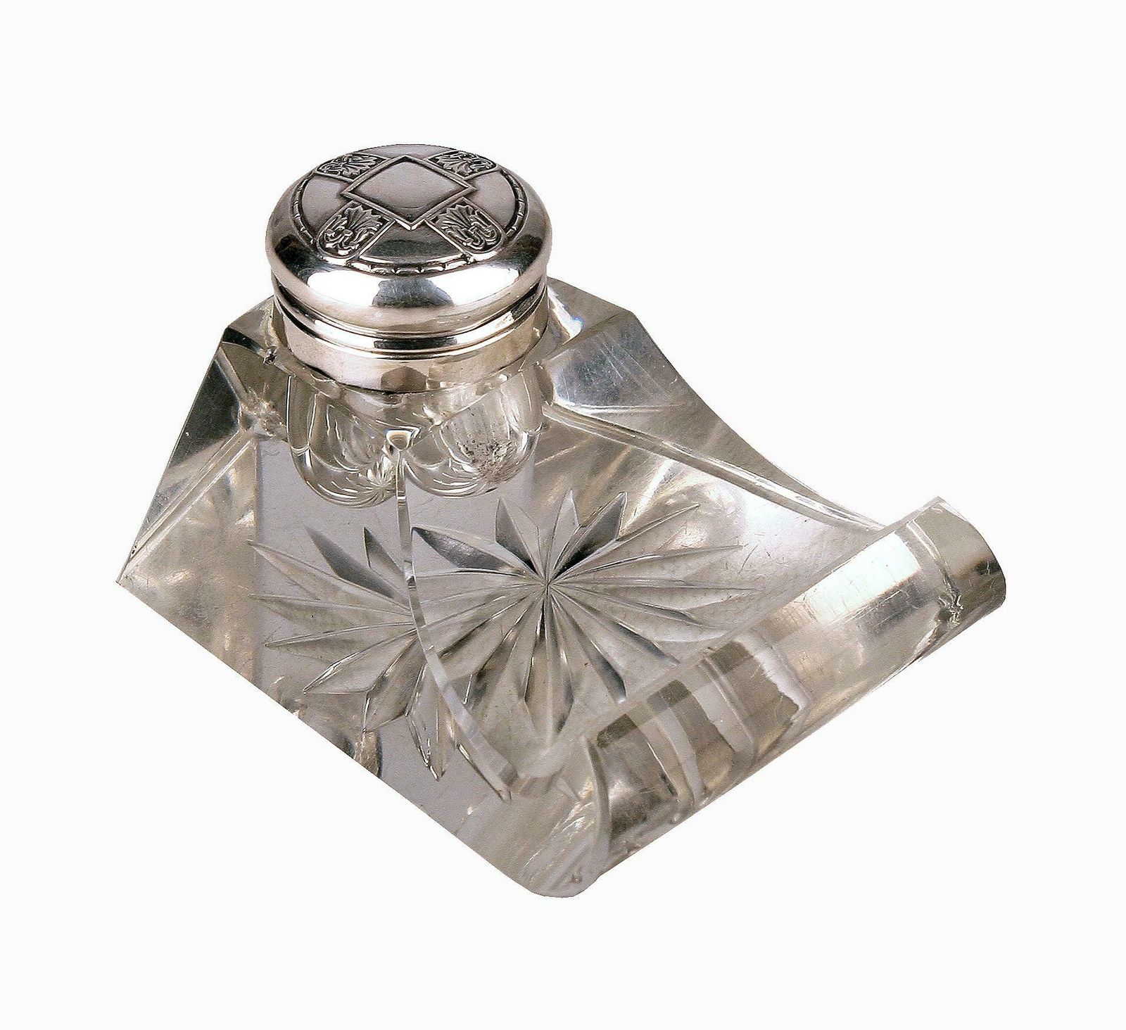 Late 19th Century Jugendstil German Cut Glass Crystal Inkwell With Polished 800 Silver Lid photo furniture