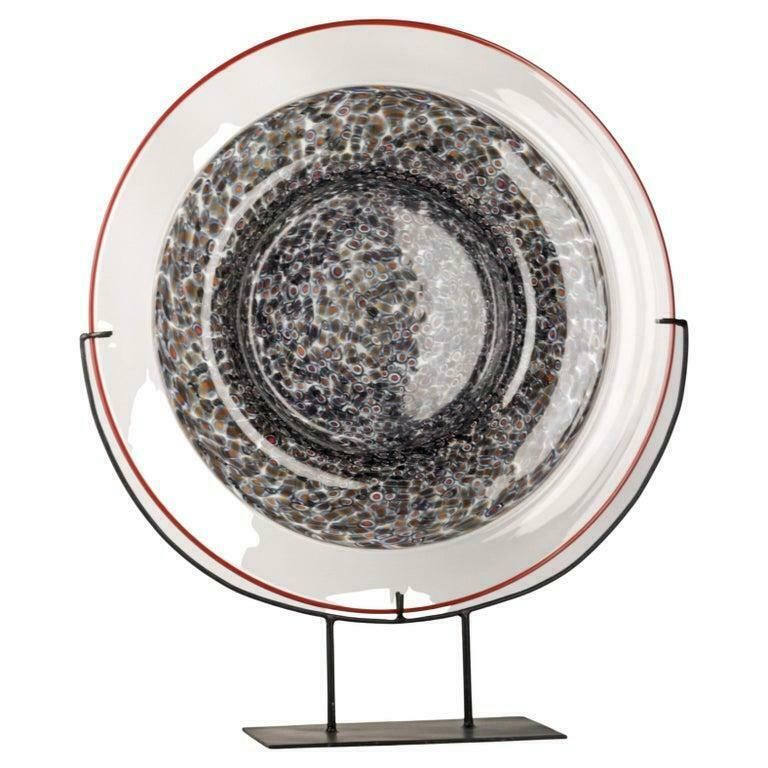 Mid 20th Century Italian Neverino Murano Glass Decorative Plate With Iron Base Designed By Gae Aulenti For Luciano Vistosi photo for sale