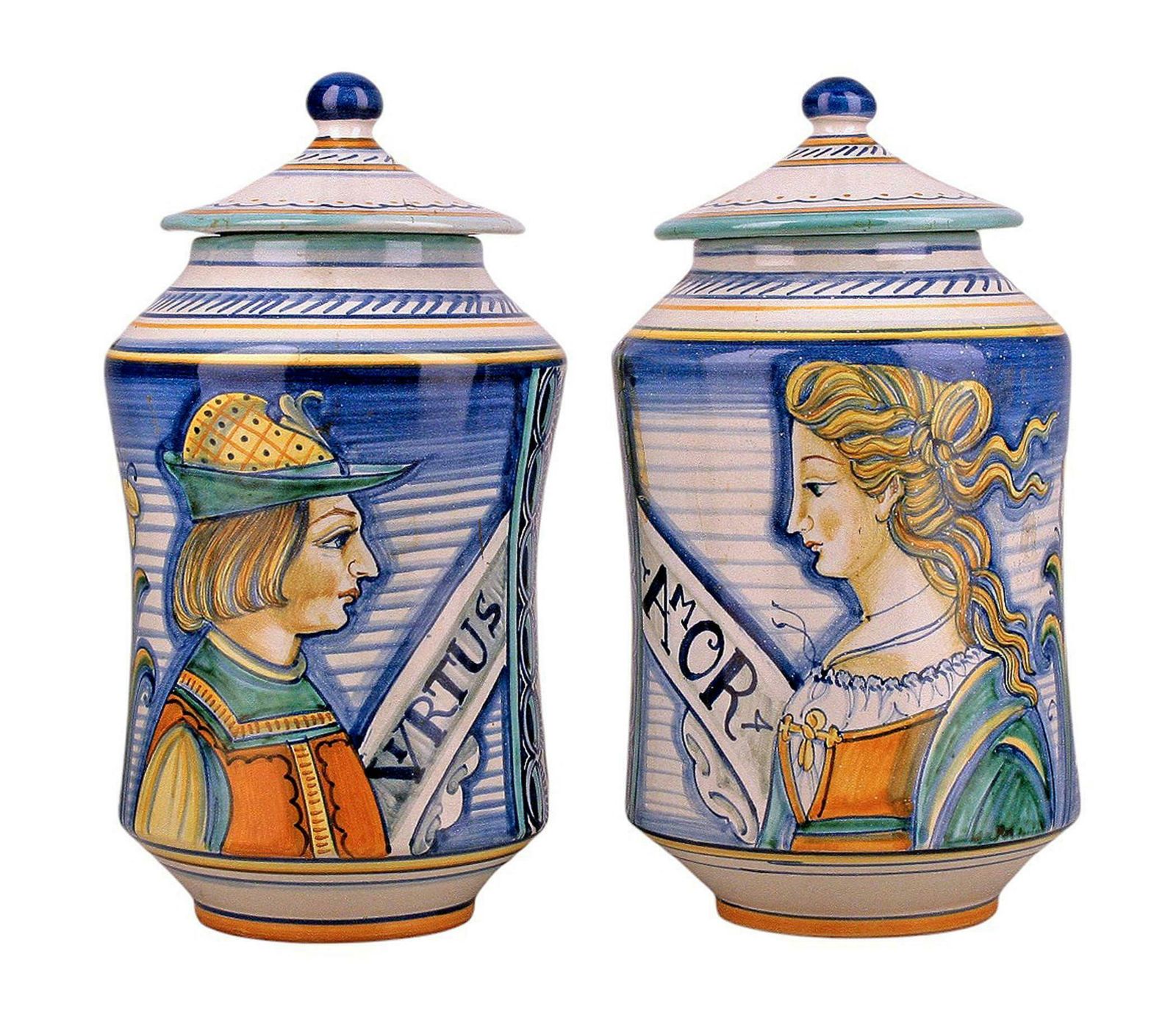 Pair Of Mid 20th Century Renaissance Revival Hand Painted Ceramic Jars With Lids By Fratelli Mari From Deruta, Italy