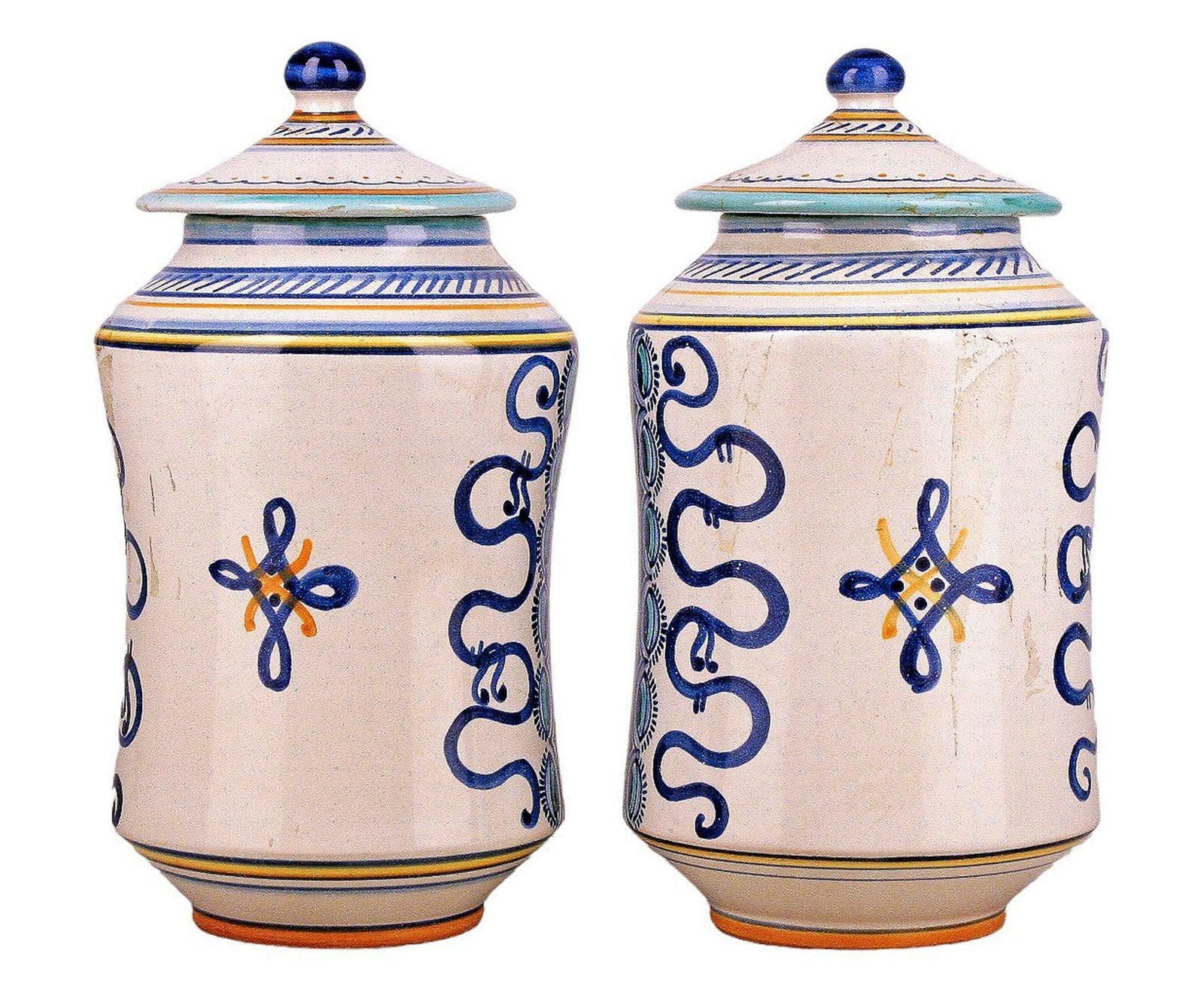 Pair Of Mid 20th Century Renaissance Revival Hand Painted Ceramic Jars With Lids By Fratelli Mari From Deruta, Italy photo for sale