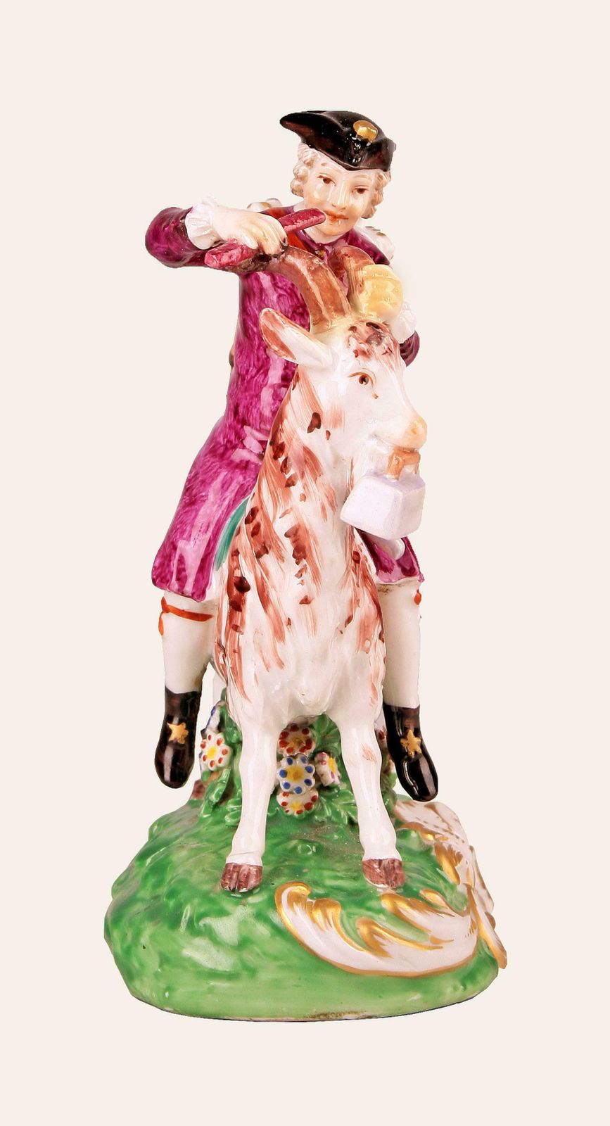 18th Century Baroque/Rococo English Glazed Painted Porcelain Of A Goat Riding Tailor By Chelsea Pottery photo for sale