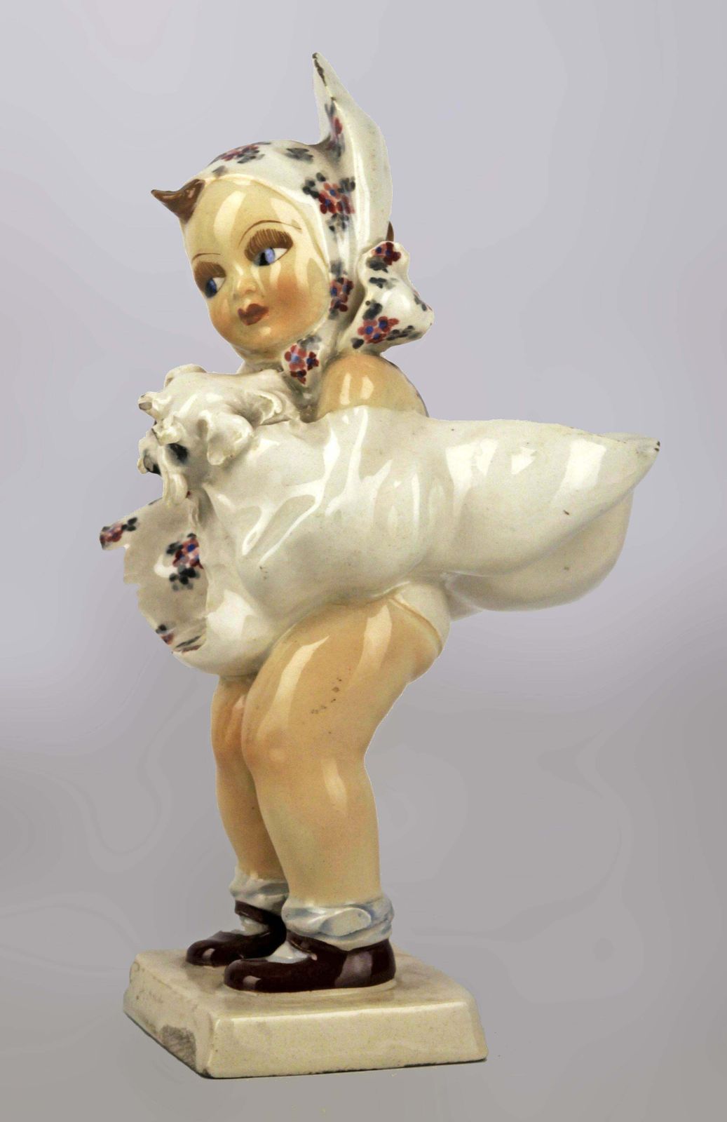 1950s Italian Torino Hand Painted Glazed Ceramic Sculpture Of A Girl With Dress And Dog Signed By C. Mollica photo for sale