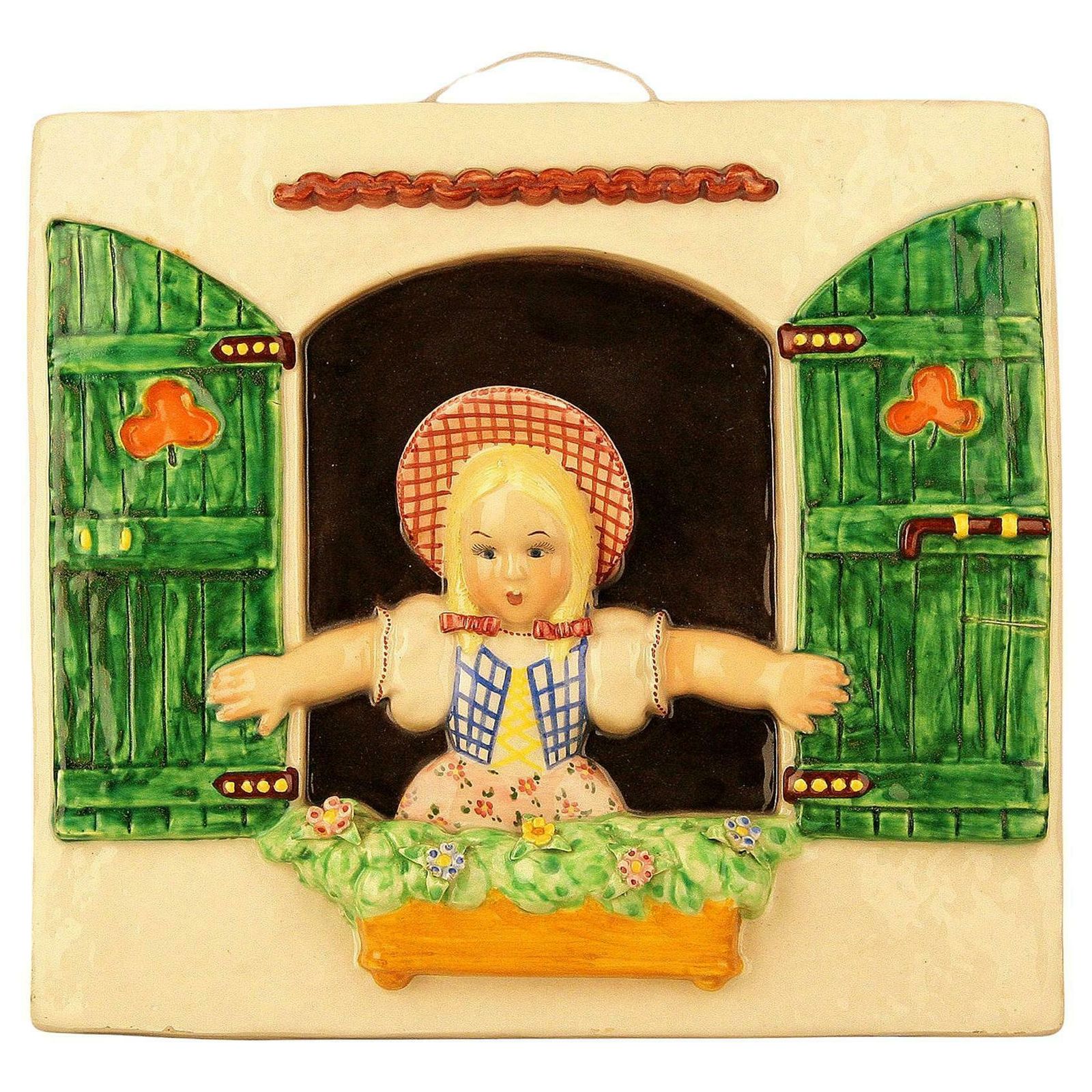 Mid 20th Century Rural Decorative Wall Porcelain Of A Girl Looking Through Window Made By Trevir From Vincenza, Italy
