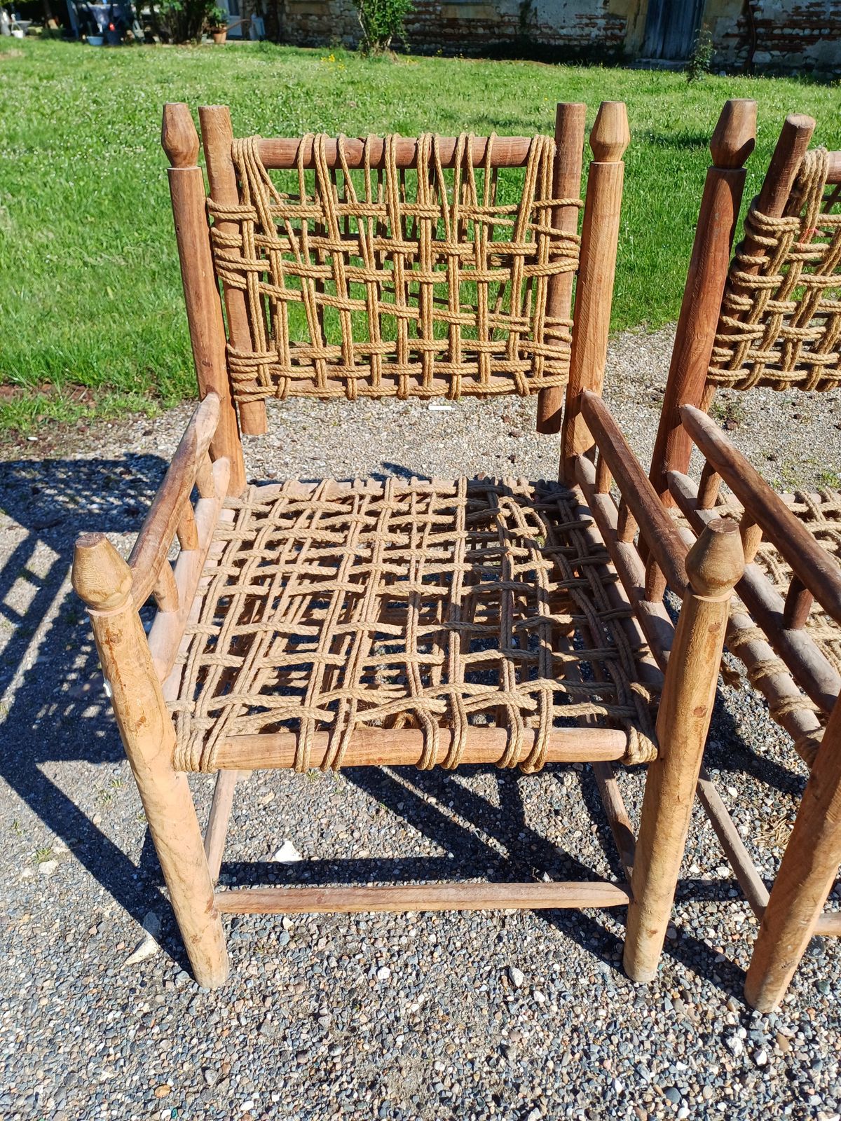 626.0 Pair Of Audoux Minet Style Wood And Rope Armchairs photo