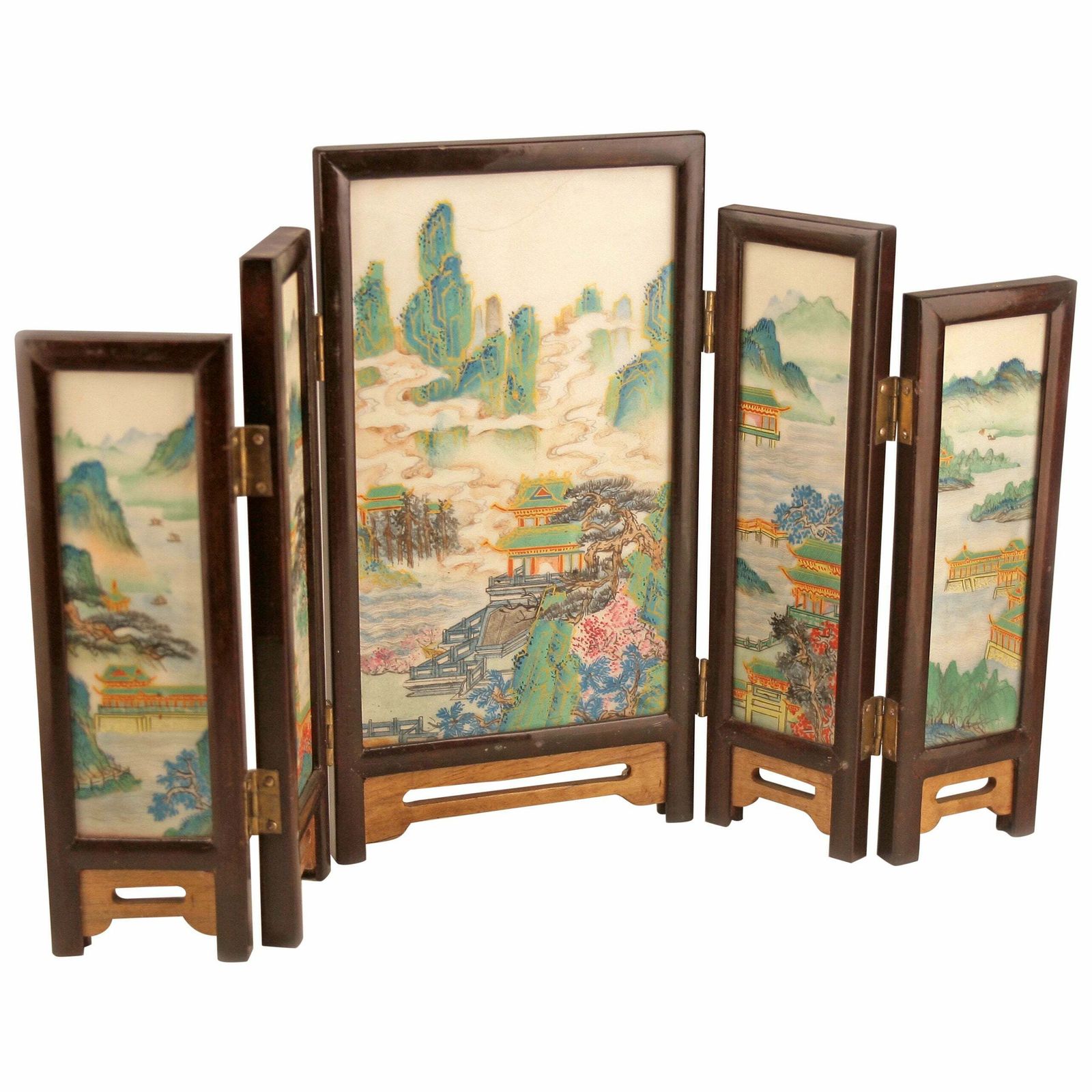 19th Century/Edo Meiji Period Japanese Painted Five Panel Folding Miniature Screen