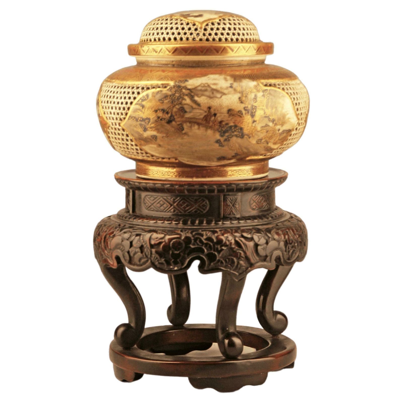Japanese 19th Century Edo Meiji Period Satsuma Stoneware Incense Burner (Koro) With Small Wooden Support Table