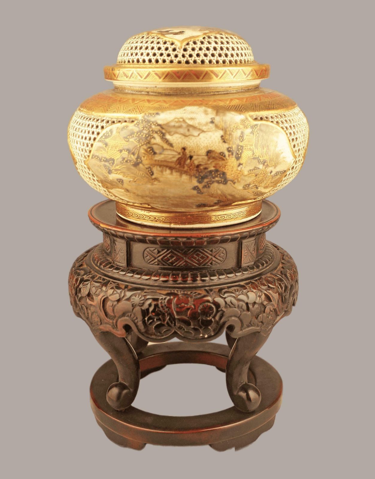 Japanese 19th Century Edo Meiji Period Satsuma Stoneware Incense Burner (Koro) With Small Wooden Support Table photo vinterior