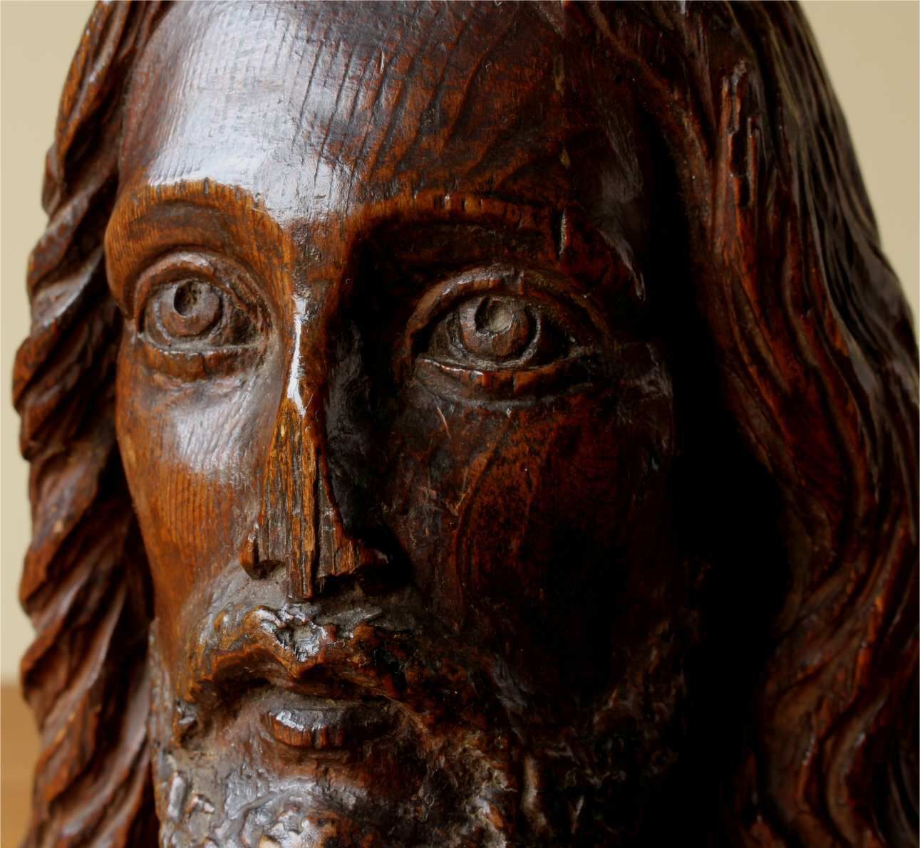 Carved Wood Jesus Christ Statue Head. 19th Century Religious Carving. photo Art