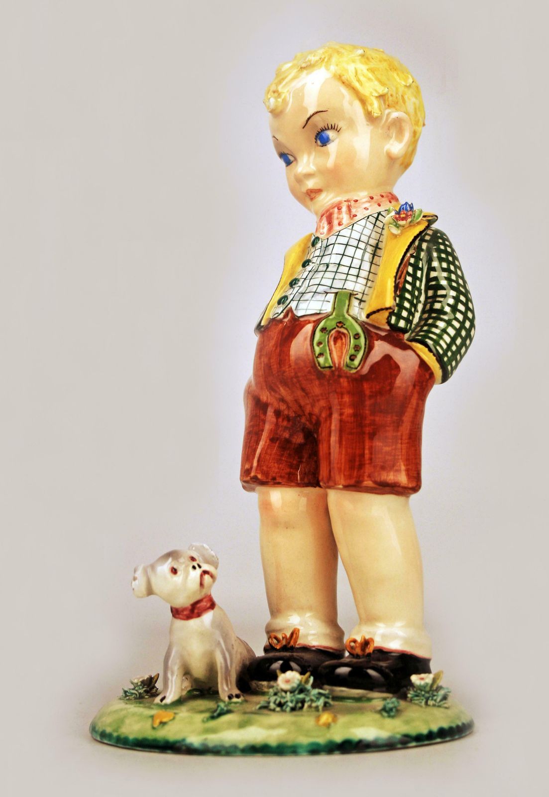 Circa 1920 Art Nouveau Glazed Italian Torino Like Porcelain Figurine Of A Boy And His Dog photo furniture