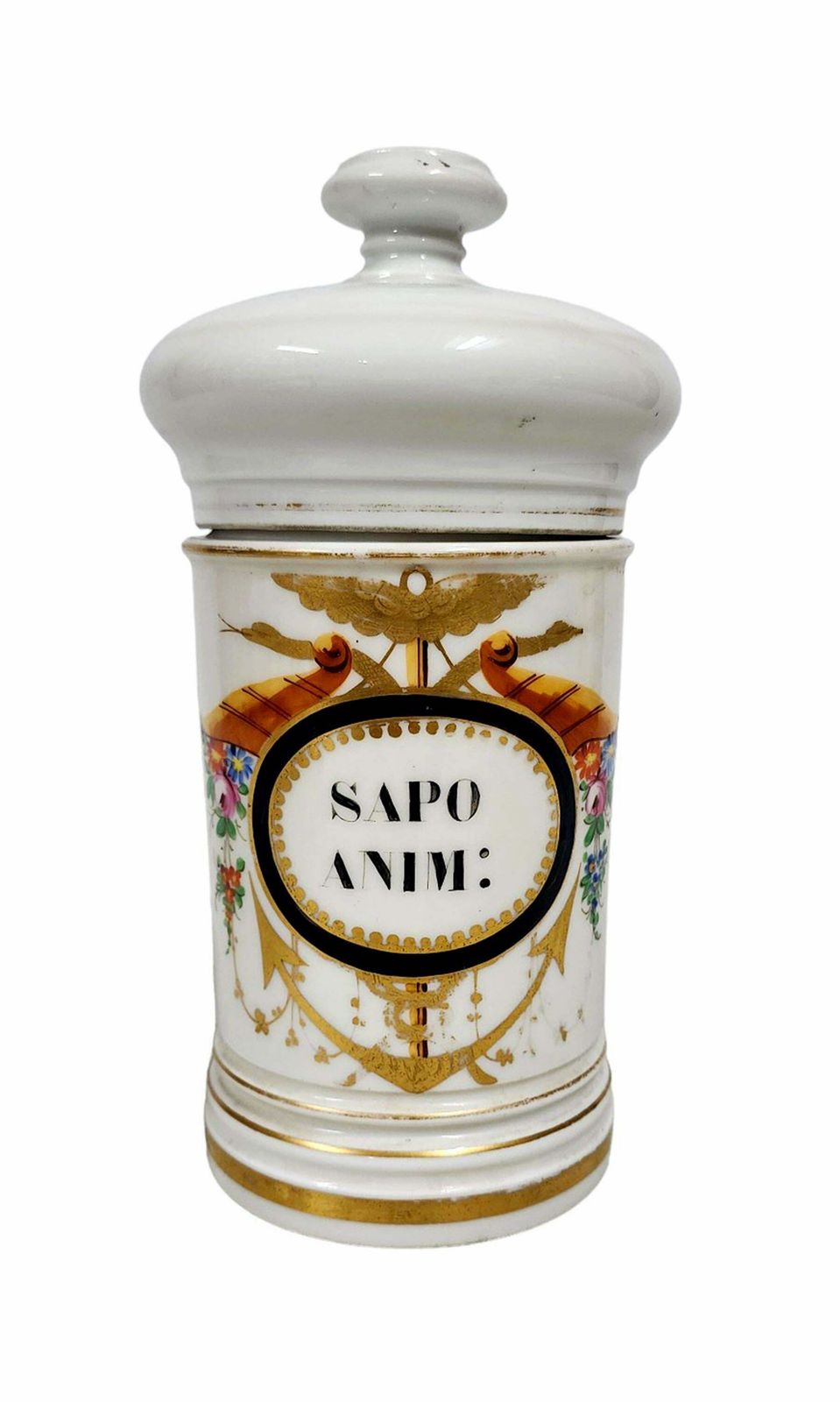 Mid 19th Century French Glazed Porcelain Apothecary/Pharmaceutical Jar With Lid  'Sapo Anim:' photo furniture