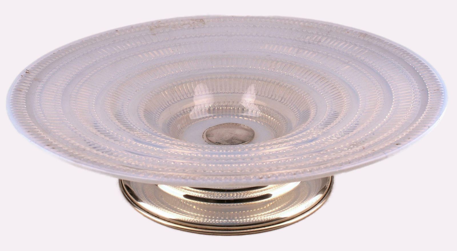 Early 20th Century Circular Art Déco French Opalescent Glass Centerpiece Serving Decorative Plate With Silver Base photo furniture