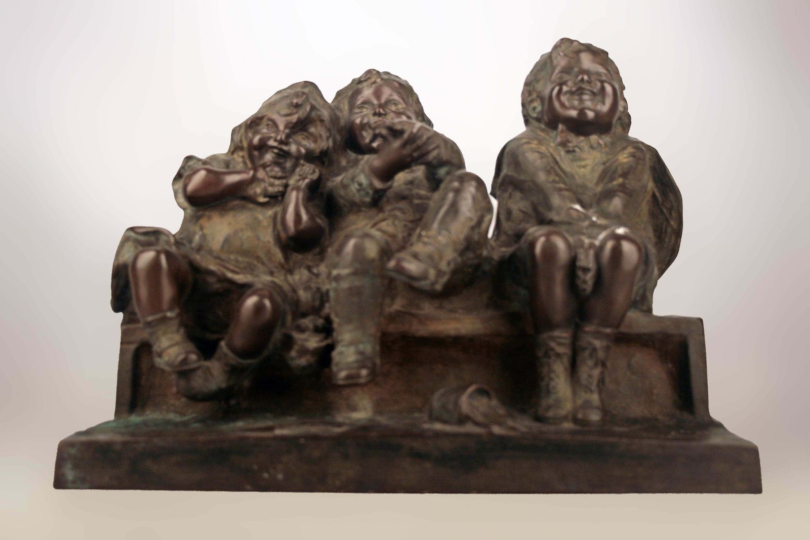 2525.0 'Watching Something': Patinated Bronze Sculpture Of Three Children Laughing And Sitting By Spanish Artist Juan Clara photo