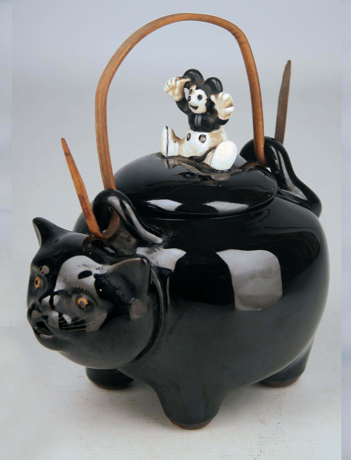 20th Century/Shōwa Era Japanese Glazed Porcelain Teapot Of Black Cat With Mouse Lid photo furniture