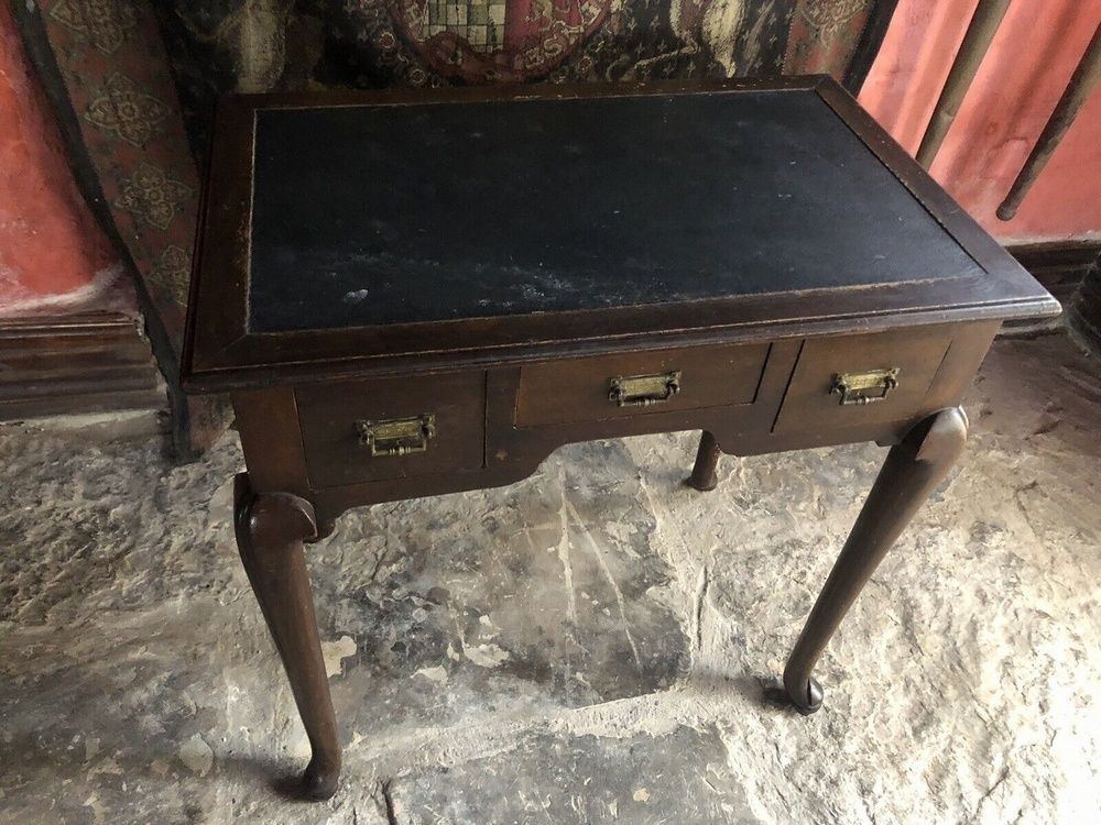 Antique Period Black Leather Edwardian Mahogany Lowboy Ladies Writing Desk photo vinterior
