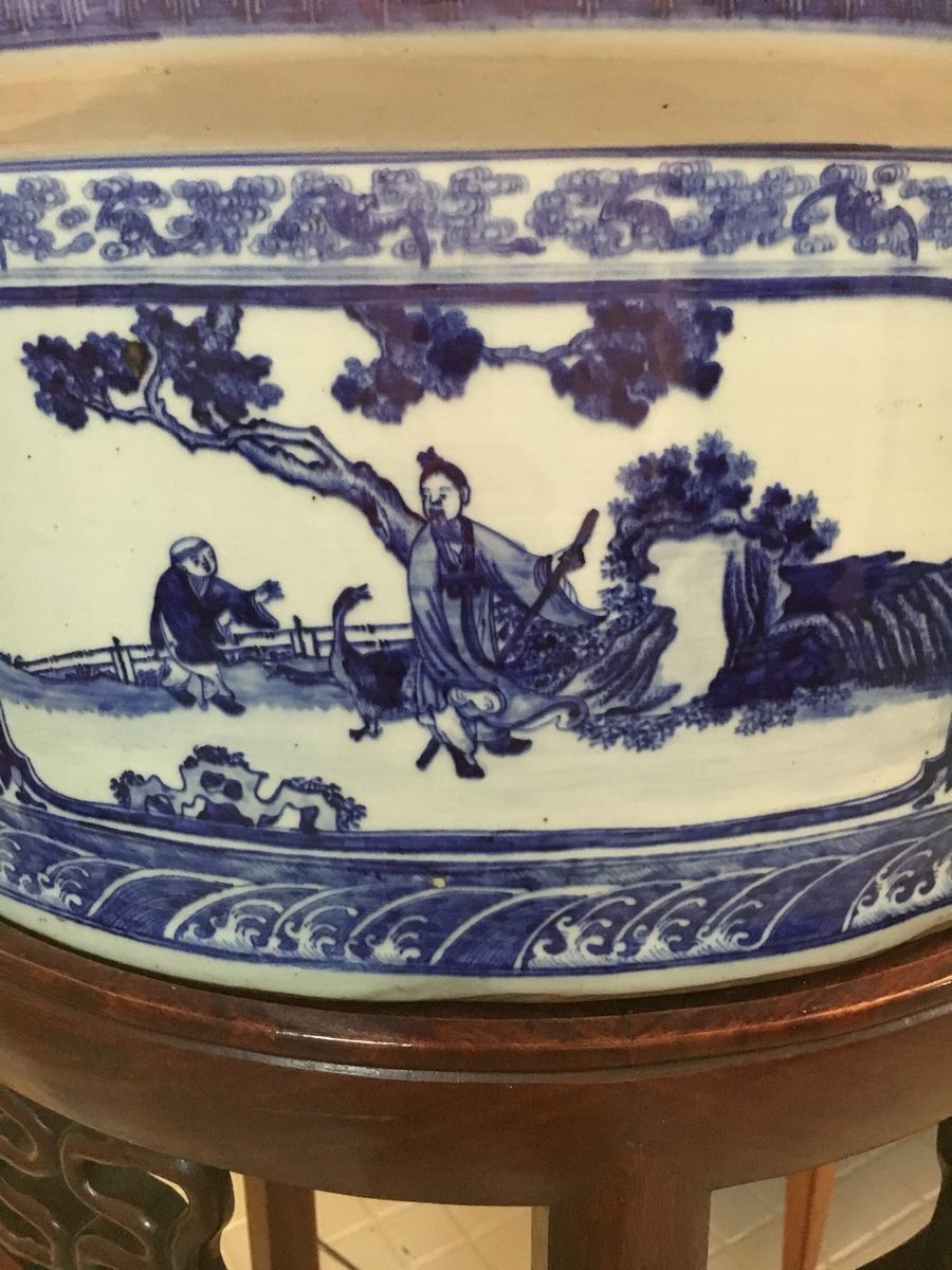 Chinese Porcelain Planters With Rosewood Pedestals, 1900s, Set Of 2 photo for sale