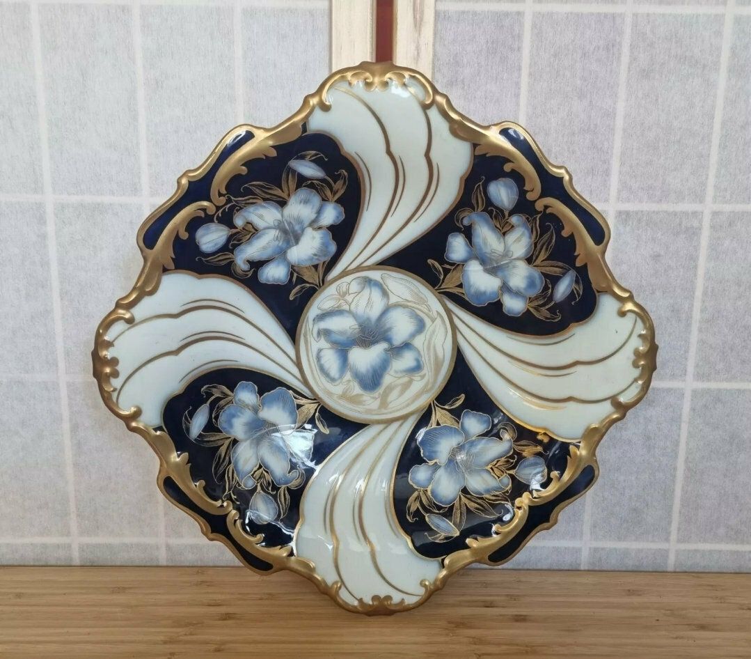 Hutschenreuther Porcelain Bowl | Cobalt Blue Gold Gilt Design | Large Floral Pedestal Dish | Hohenberg Bavaria Art Piece photo Home Decor