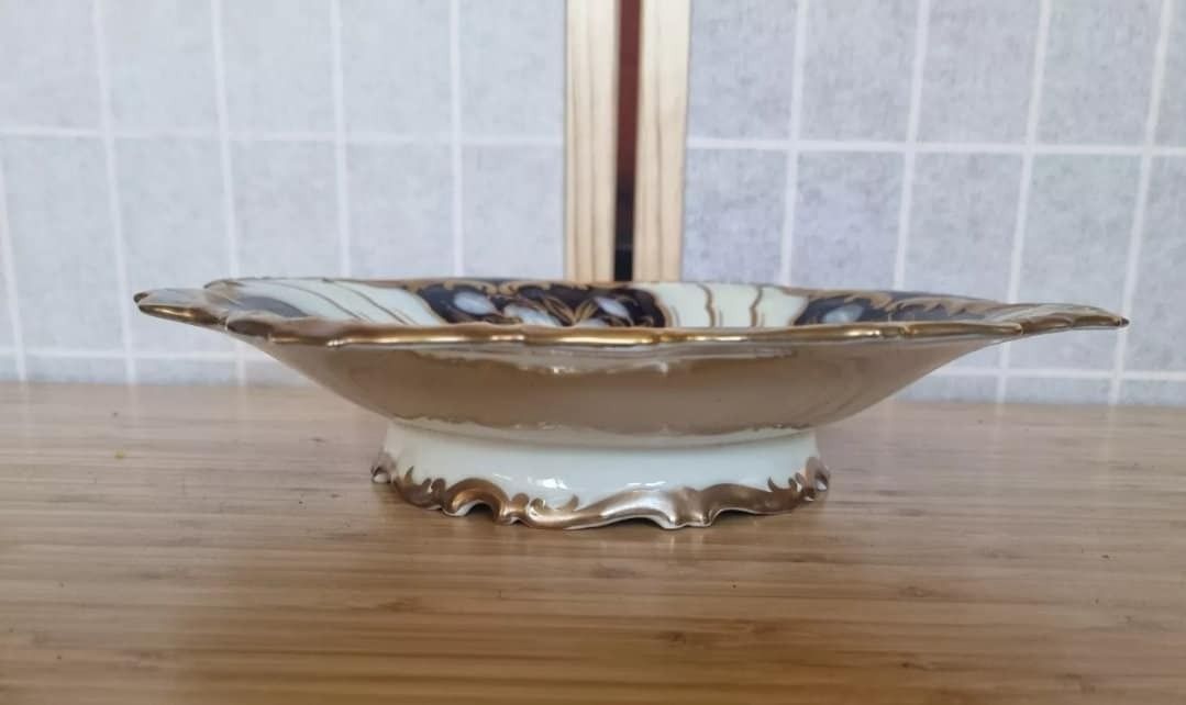 Hutschenreuther Porcelain Bowl | Cobalt Blue Gold Gilt Design | Large Floral Pedestal Dish | Hohenberg Bavaria Art Piece photo vintage