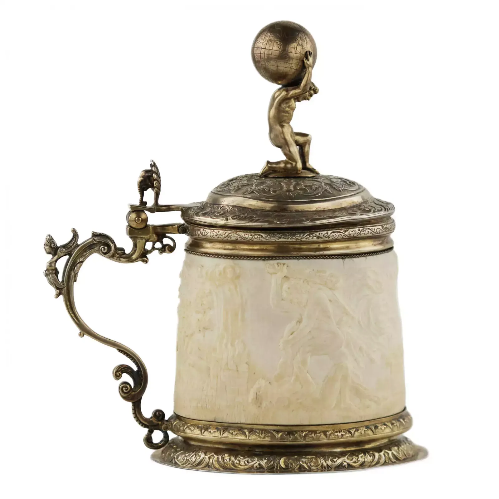 Silver Beer Goblet With Atlas On The Lid And Religious Scenes On Ivory. Lubeck. 17th Century. photo vintage