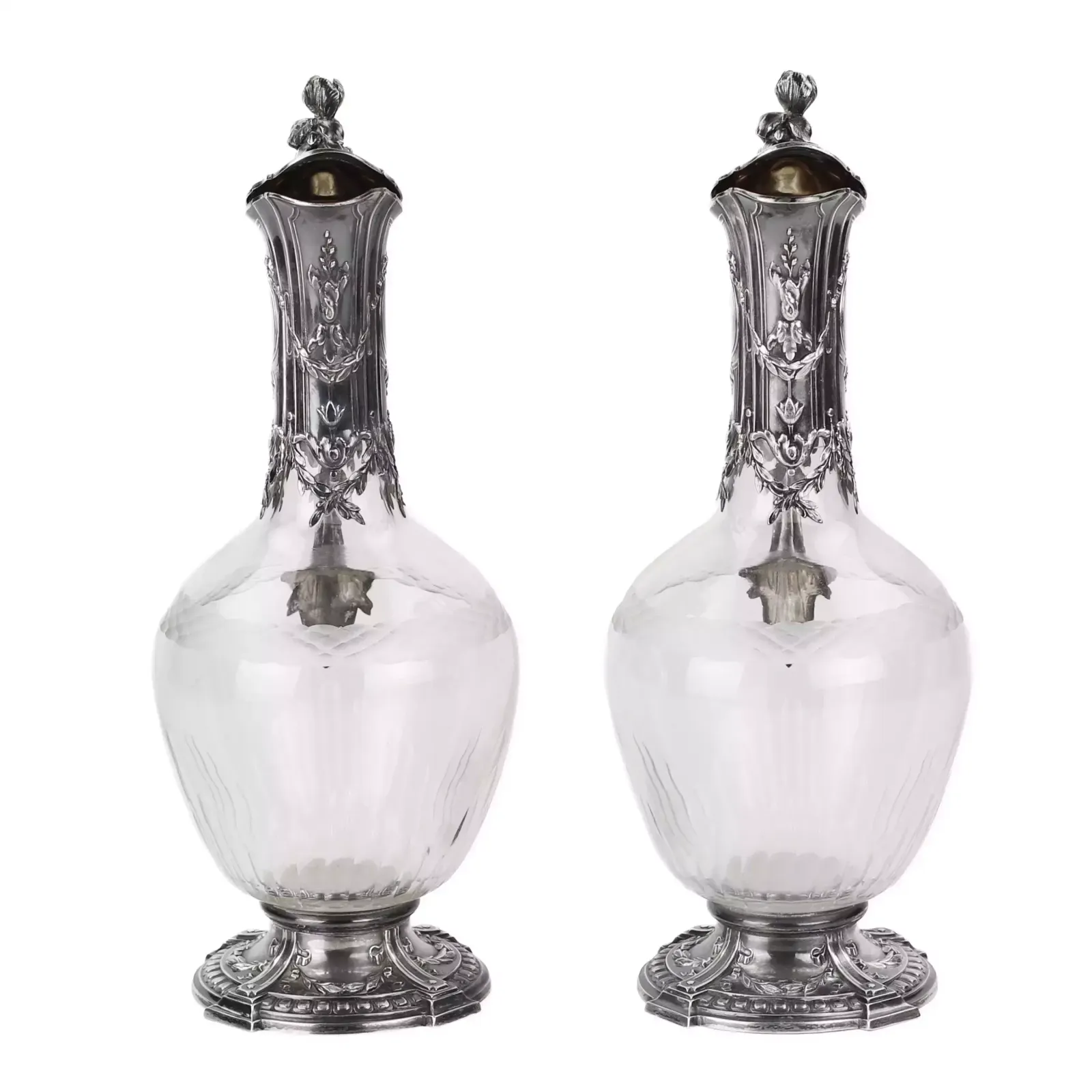 Pair Of French Glass Wine Jugs In Silver. 19th Century. photo vintage