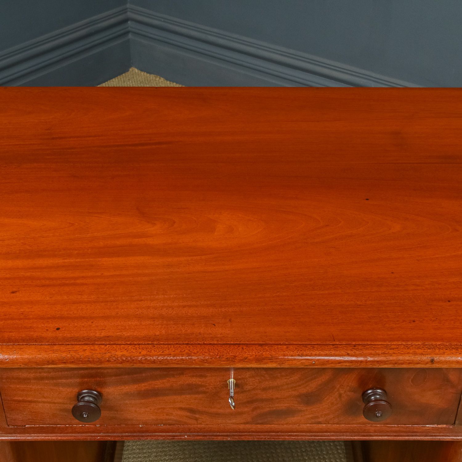 photo for sale English Victorian 5ft Figured Mahogany Office Writing Pedestal Desk (Circa 1850)