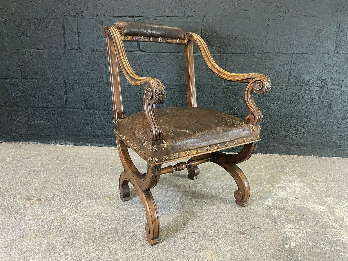 French Studded Leather Throne Armchair