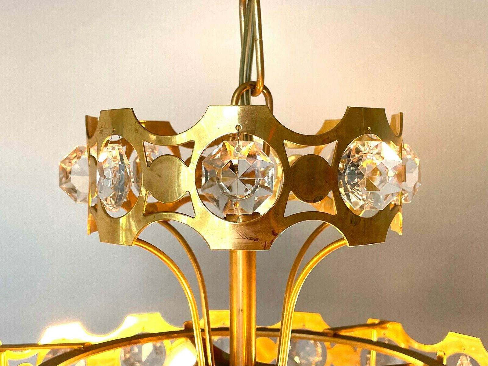 Swedish Mid Century 1970s Luxury Chandelier In Gold Metal With Crystal Cut Glass And Beautiful Details photo buy