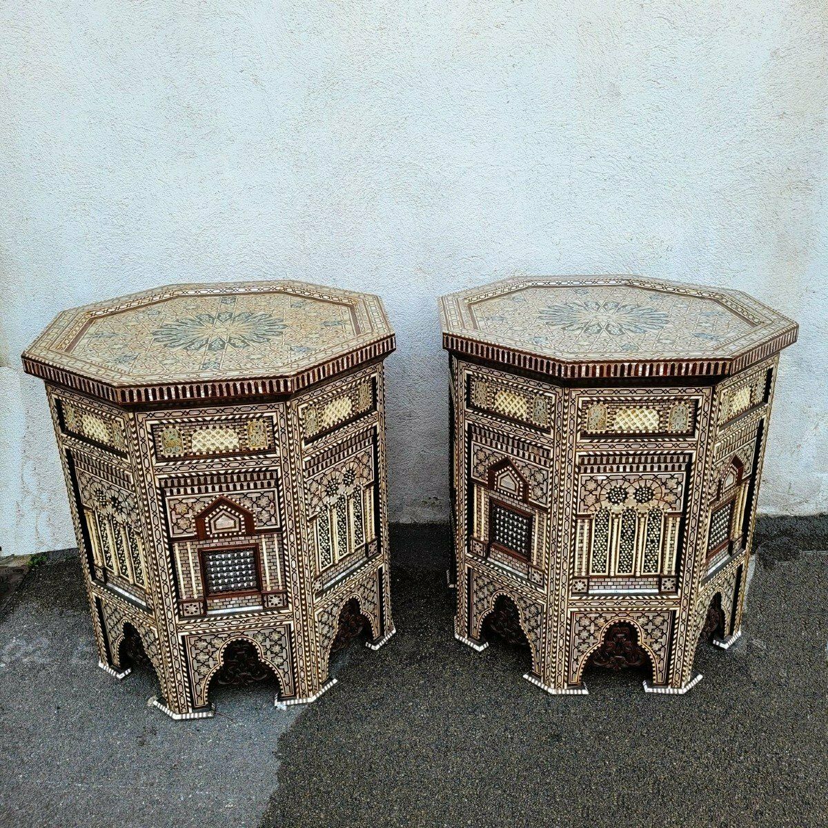 Pair Of Tall And Large Oriental Pedestal Tables In Marquetry, 20th Century photo furniture