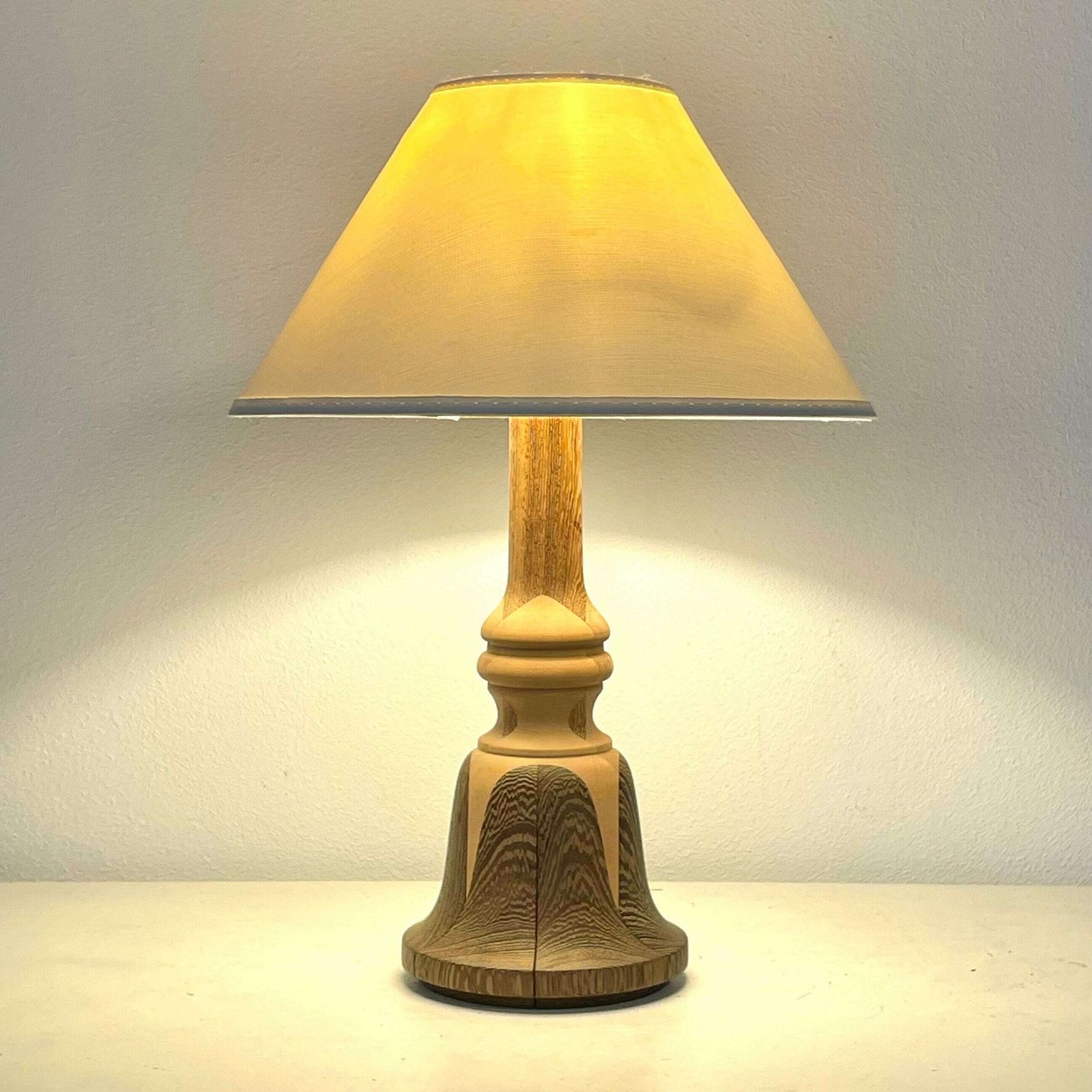 Danish Mid Century Wooden Sculptural Modernist Table Lamp With Organic Shapes And Vintage White Shade