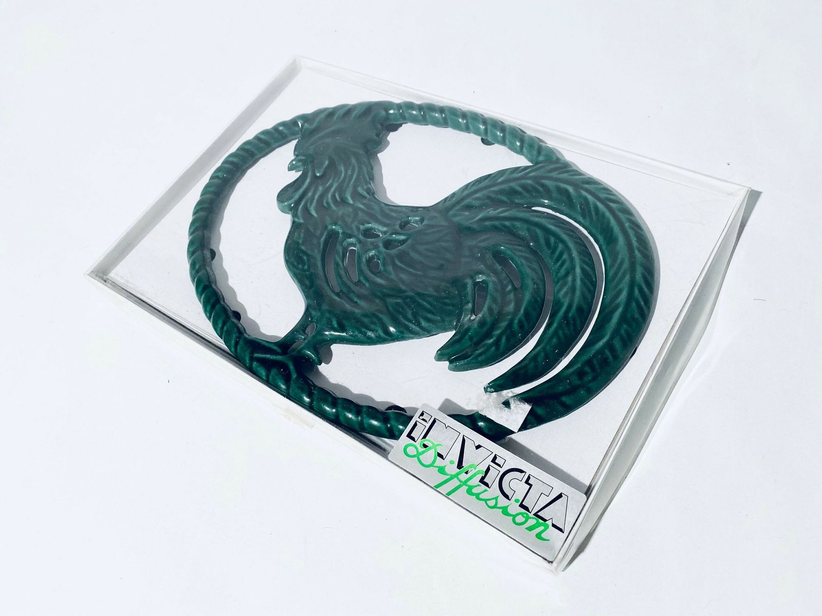photo for sale Green Cast Iron Rooster Cock Trivet Pot Holder France / Vintage 1960s Kitchen Table