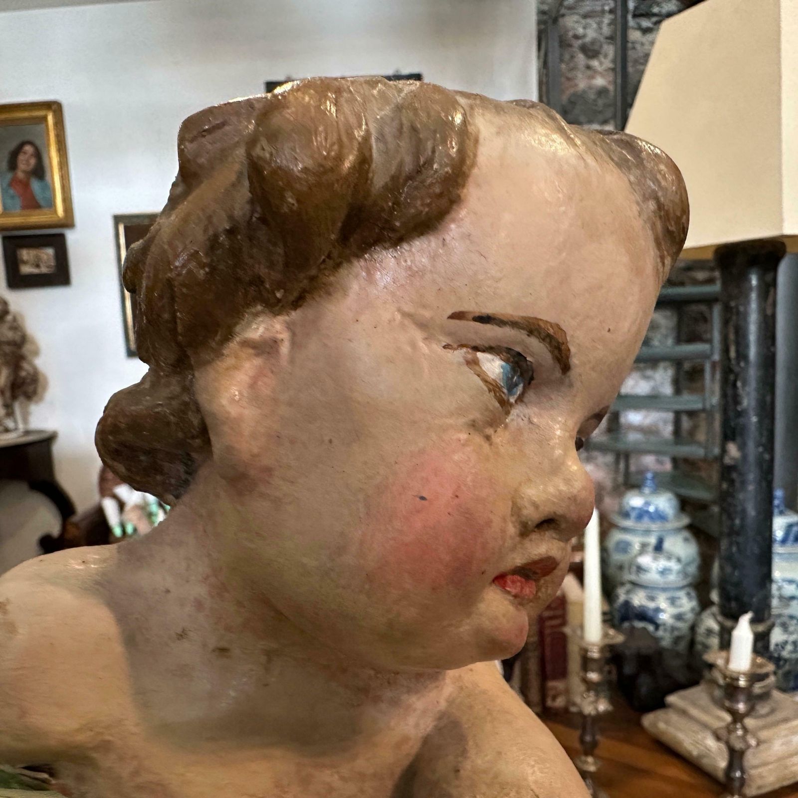 Early 18th Century Hand Carved Polychrome Wood Baroque Italian Cherub photo furniture