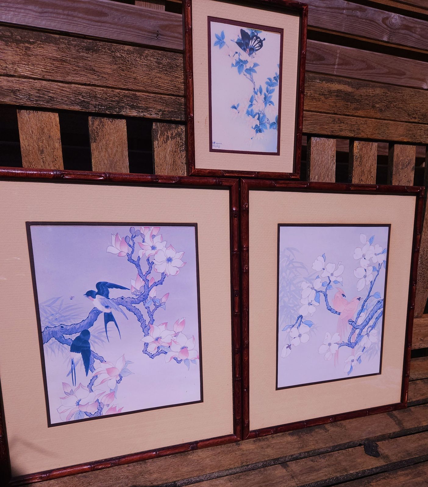 Trio Of 1980s St Michael's Oriental Prints In Bamboo Style Frames