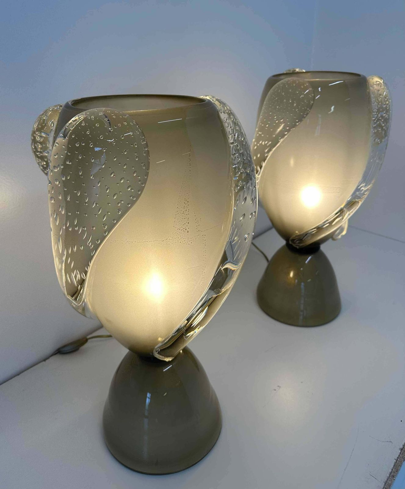 photo for sale Pair Of Italian Art Deco Style Grey And Gold Leaf Murano Glass Vase Lamps