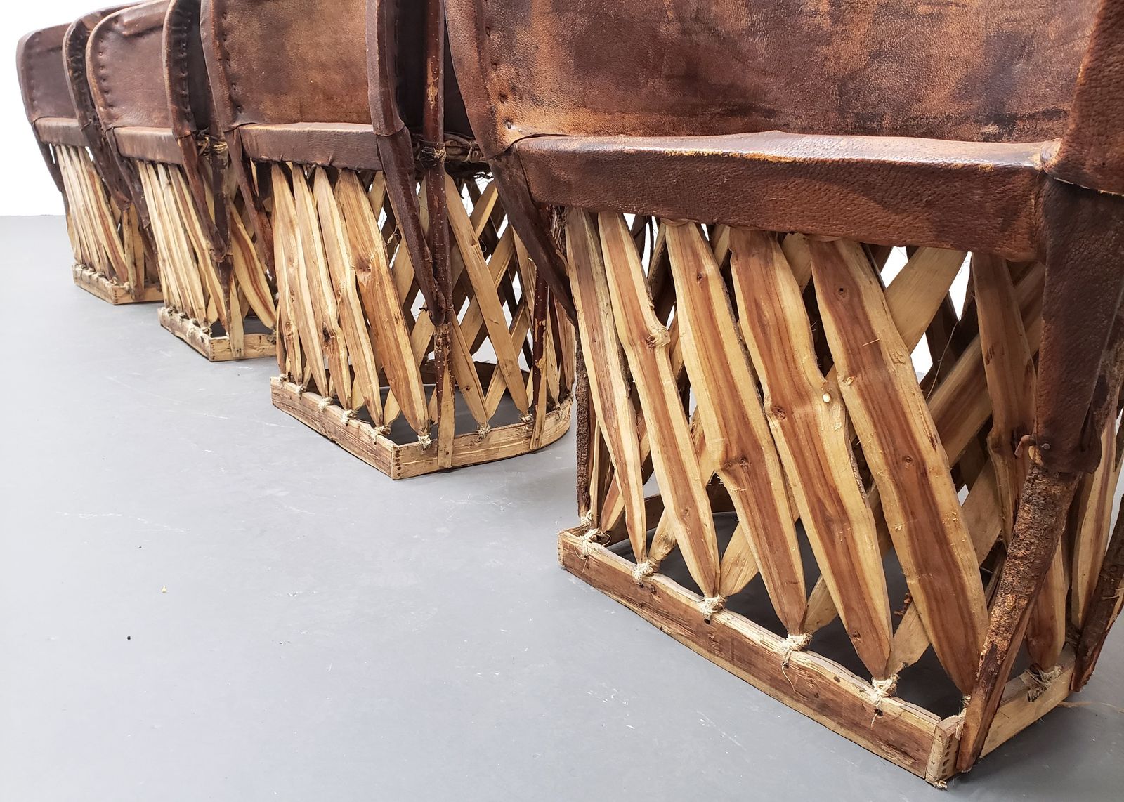 Set Of Four   Mexican Equipale Wood And Leather Chairs By Wim Rietveld photo buy