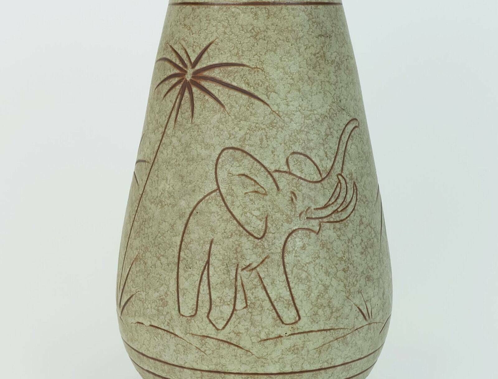 Early 1960s U Keramik Mid Century Ceramic Vase Model No. 137/30 Elephants And Palmtrees Decor photo for sale
