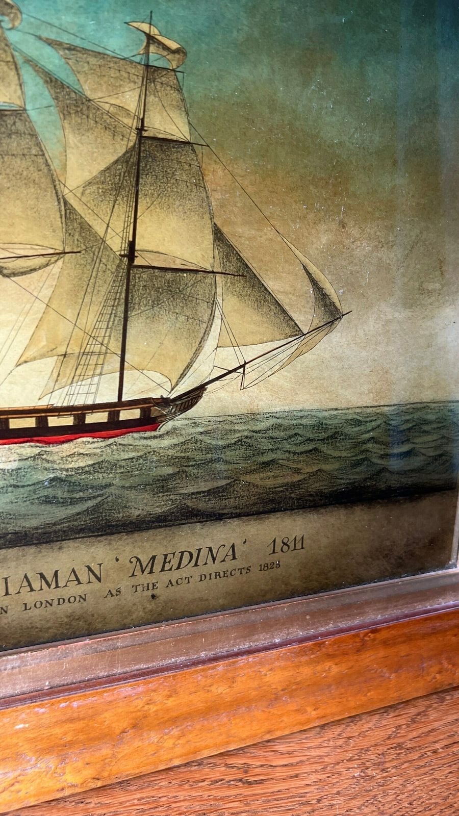 Antique 1823 Framed Reverse Glass Mezzotint Picture Of “Medina” West Indiaman Ship photo Art