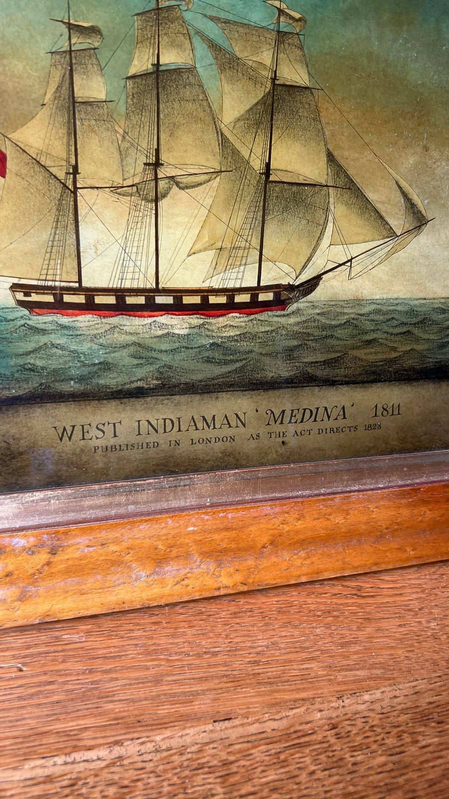 Antique 1823 Framed Reverse Glass Mezzotint Picture Of “Medina” West Indiaman Ship photo 285.0