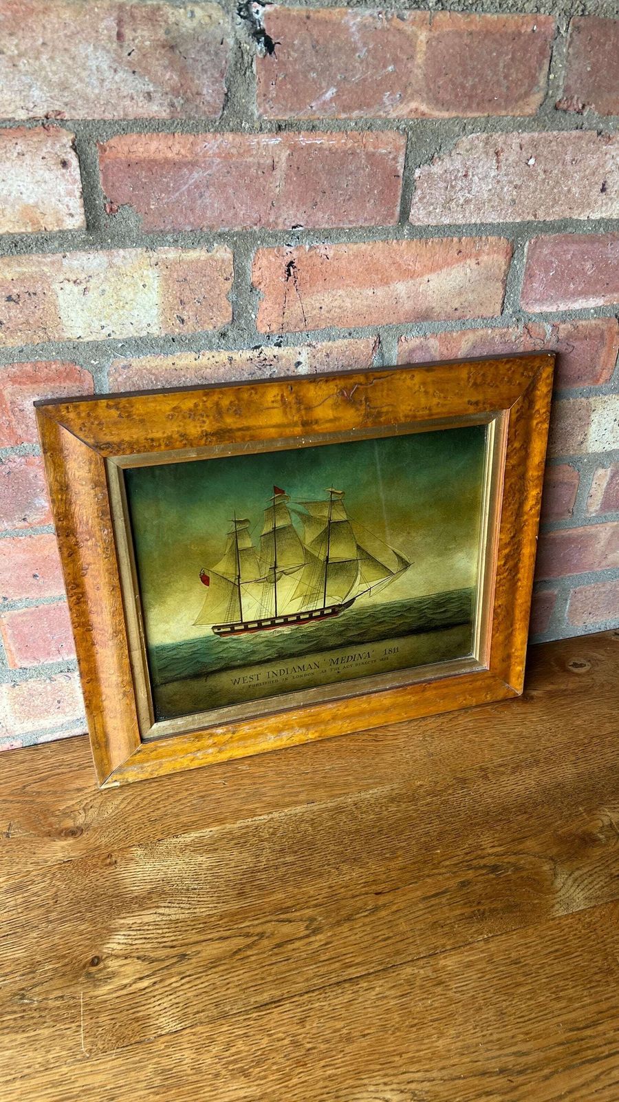Antique 1823 Framed Reverse Glass Mezzotint Picture Of “Medina” West Indiaman Ship photo vintage