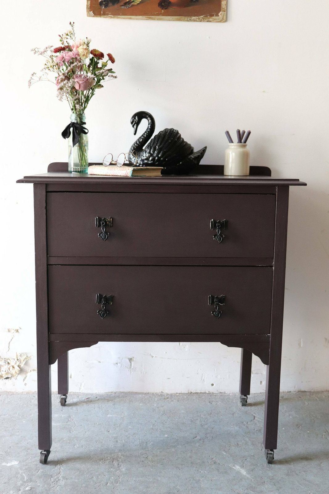 Vintage Painted Two Drawer Washstand Or Chest Of Drawers On Castors In Deep Mulberry photo furniture