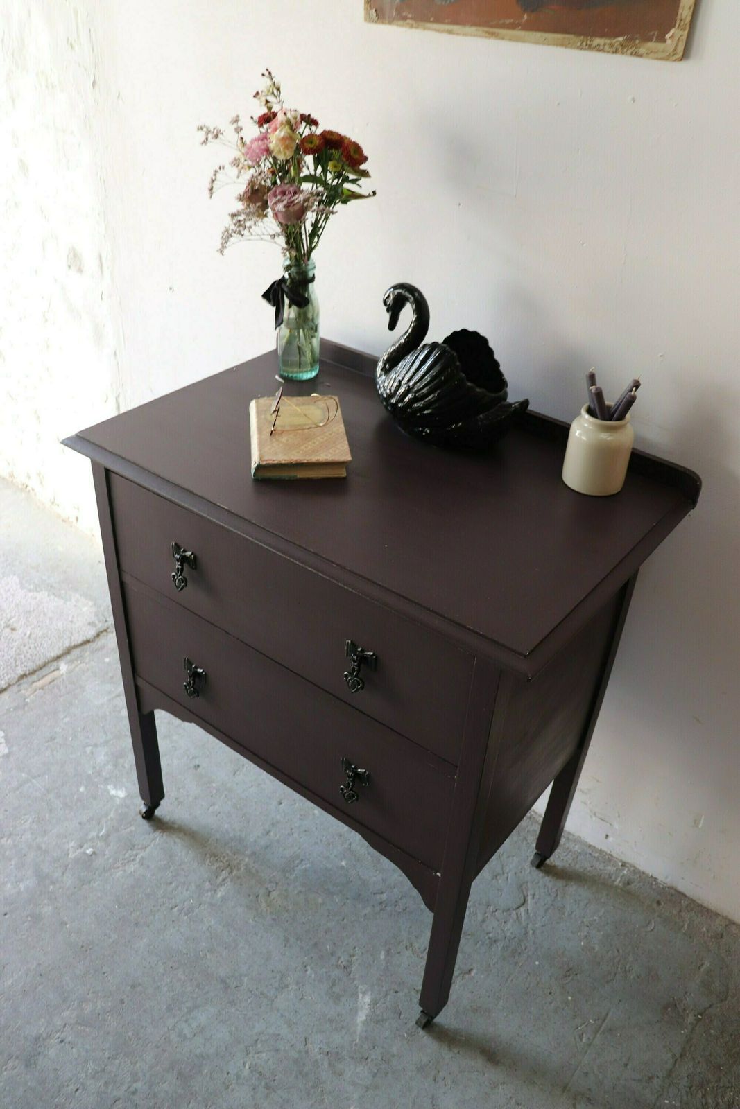 Vintage Painted Two Drawer Washstand Or Chest Of Drawers On Castors In Deep Mulberry photo for sale