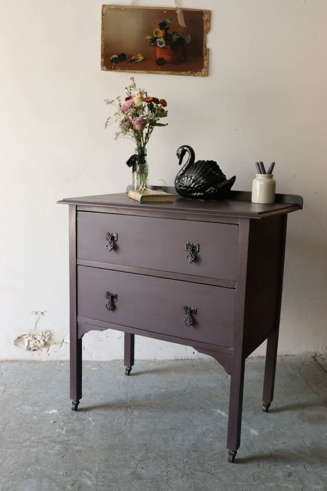 Vintage Painted Two Drawer Washstand Or Chest Of Drawers On Castors In Deep Mulberry photo vintage