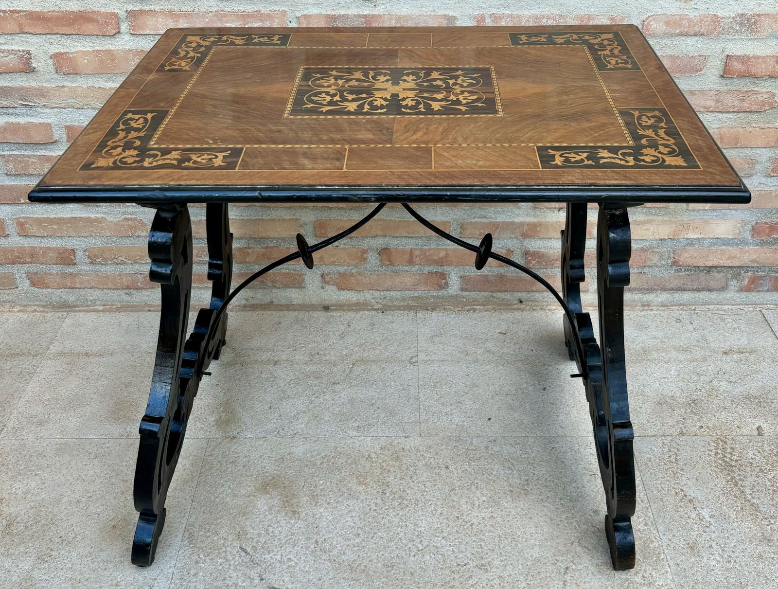 Spanish Early 19th Century Baroque Side Table With Lyre Legs And Marquetry Top photo vinterior